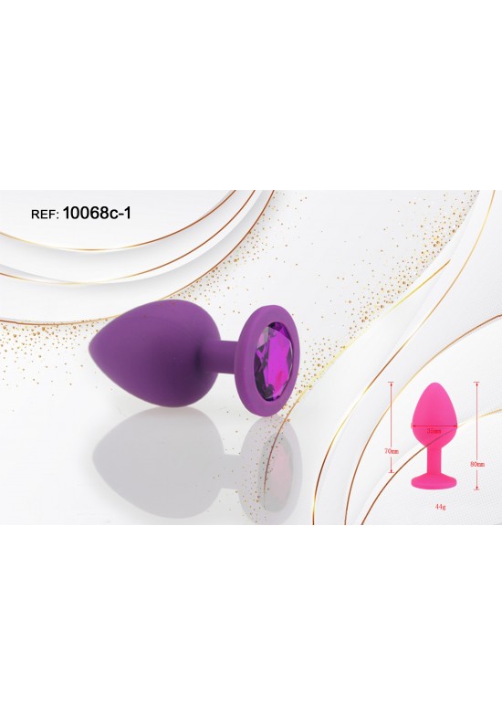 Plug de silicona morado con cristal decorativo fucsia, talla pequeña