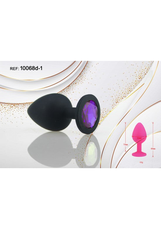 Plug anal pequeño de silicona negra con cristal morado en la base