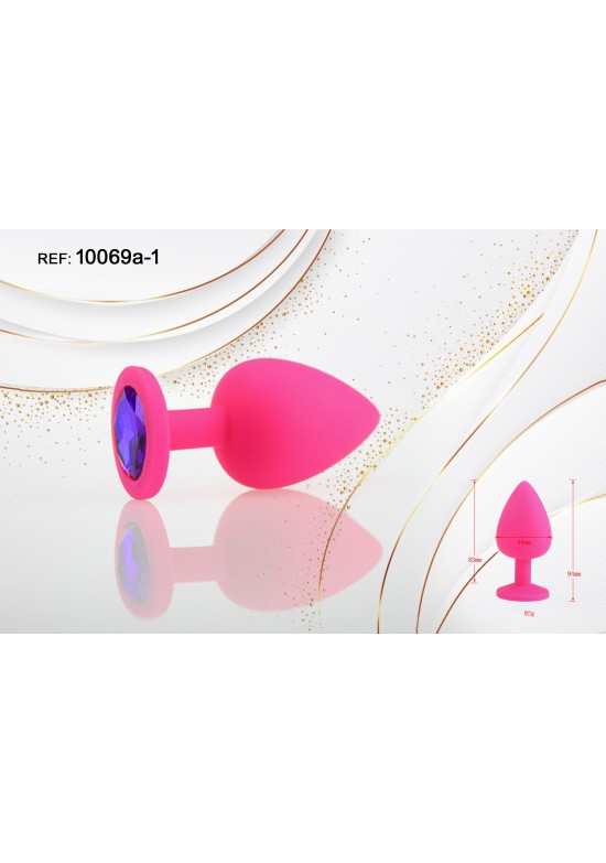 Plug anal de silicona rosa fucsia con gema lila en la base, talla M