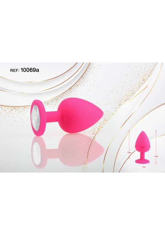Plug de silicona rosa fucsia con gema blanca transparente en la base, talla pequeña