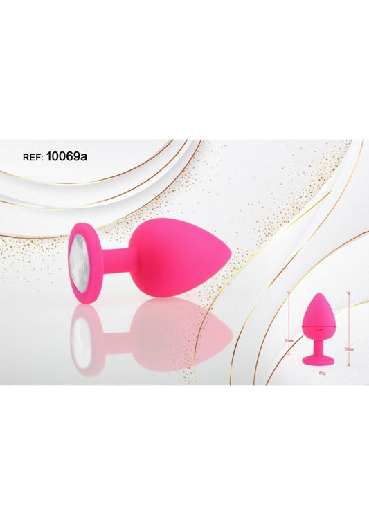 Plug de silicona rosa fucsia con gema blanca transparente en la base, talla pequeña