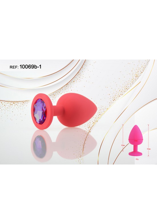 Plug anal de silicona rojo con gema lila en la base, talla M