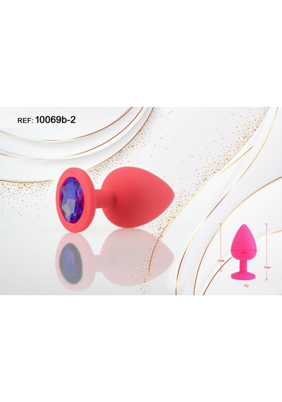 Plug de silicona rojo con gema azul zafiro en la base, talla pequeña