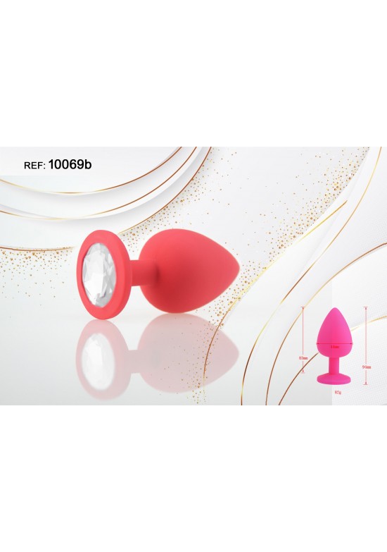 Plug anal de silicona rojo con gema transparente en la base, talla M