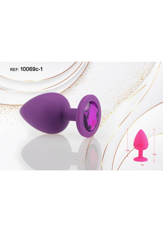 Plug anal de silicona morado con joya decorativa fucsia, talla S
