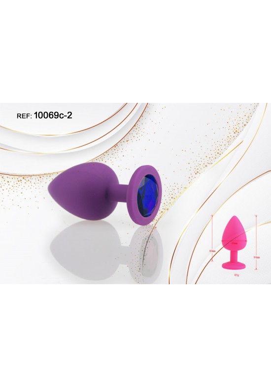 Plug de silicona morado con cristal decorativo azul, talla mediana