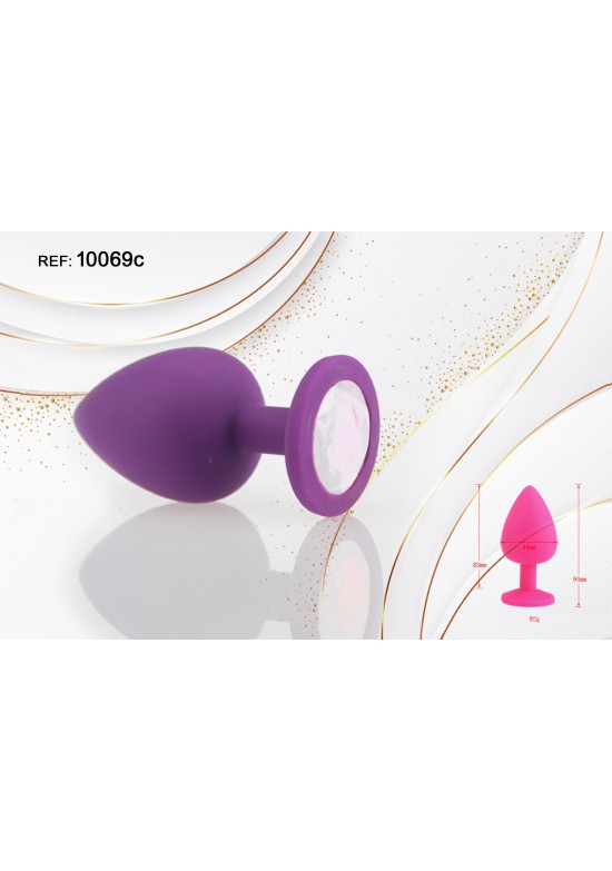 Plug de silicona morado con cristal decorativo blanco, talla mediana