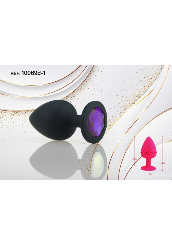 Plug anal de silicona negro con joya decorativa violeta, talla S