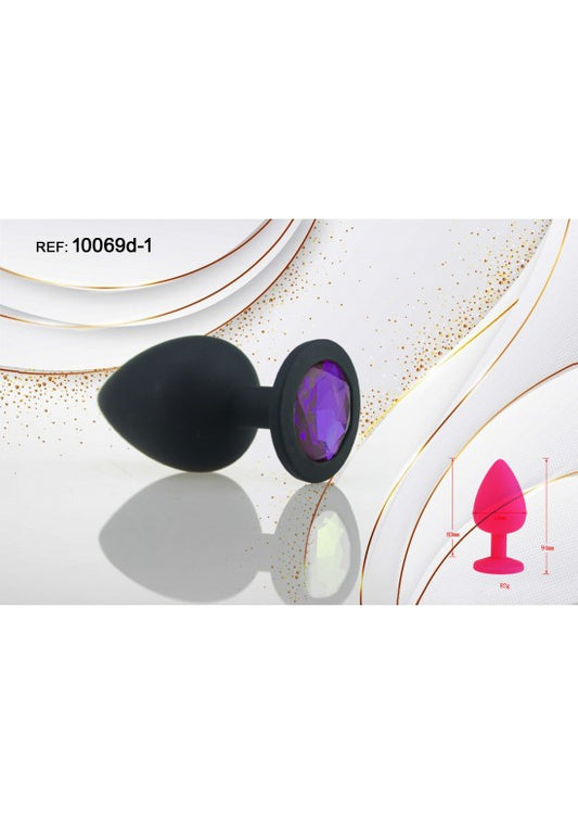 Plug anal de silicona negro con joya decorativa violeta, talla S