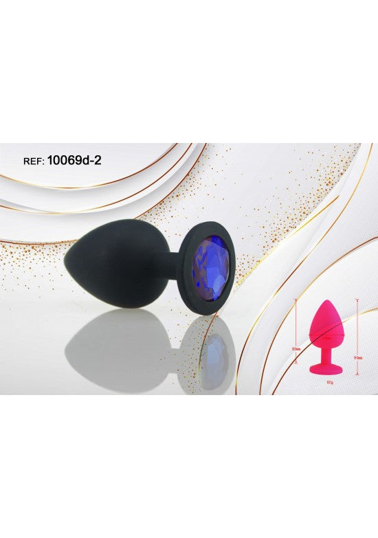 Plug anal de silicona negro con joya decorativa azul cobalto, talla S