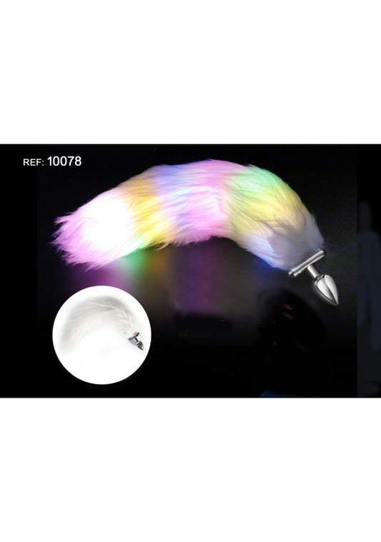 Cola de zorro sintética blanca con iluminación LED multicolor y plug metálico plateado