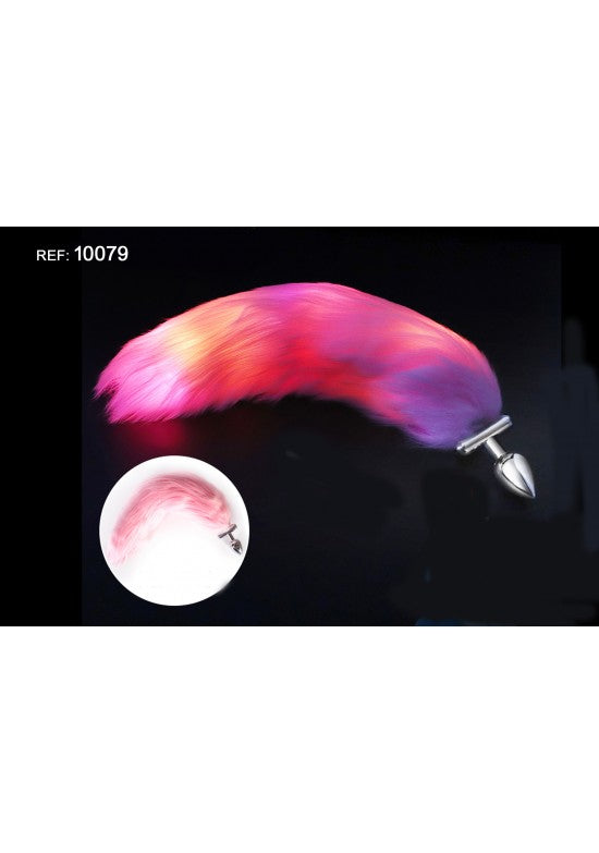 Cola de zorro sintética en degradado rosa y lila con luces LED y plug metálico