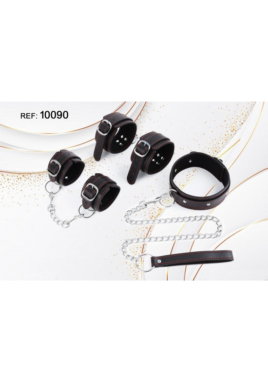Set BDSM de 5 piezas en cuero marrón oscuro con cadena plateada y guía
