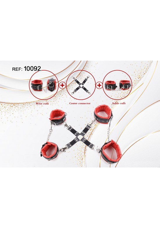 Kit hogtie de 4 puntos en polipiel negro y rojo con conector central en cruz