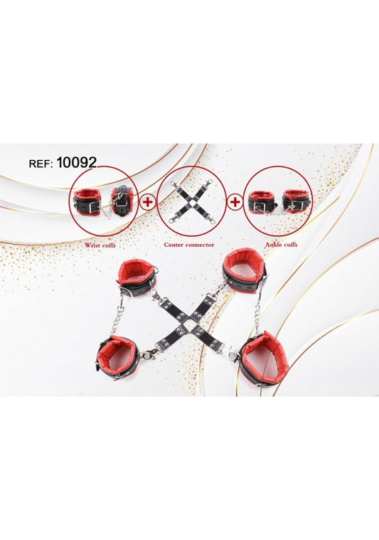 Kit hogtie de 4 puntos en polipiel negro y rojo con conector central en cruz