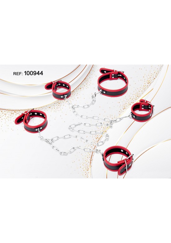 Set de cuatro esposas y tobilleras en polipiel negro y rojo con cadena metálica