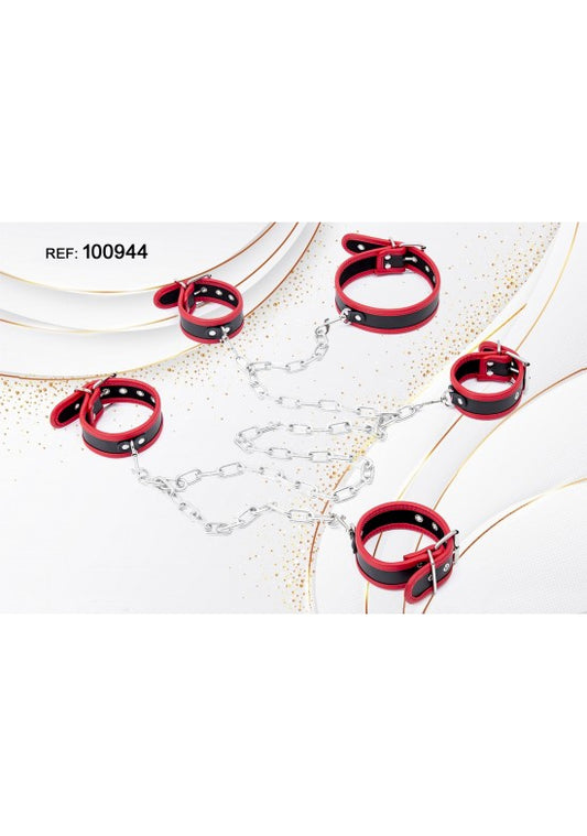 Set de cuatro esposas acolchadas rojo y negro con cadena metálica plateada