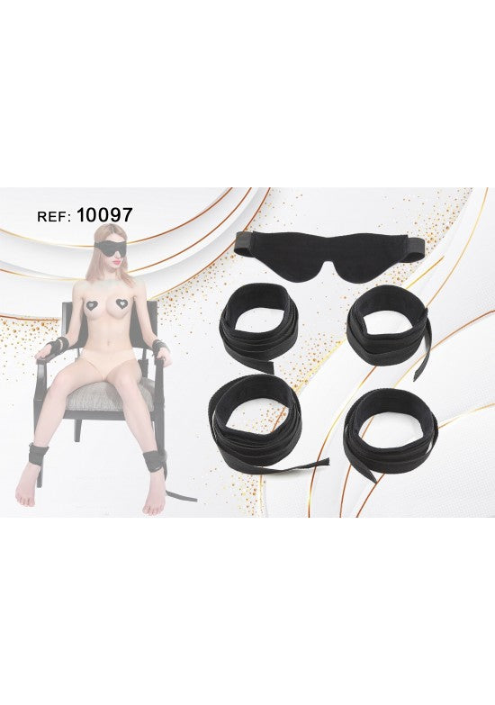 Kit de restricción negro para silla con antifaz, esposas y correas