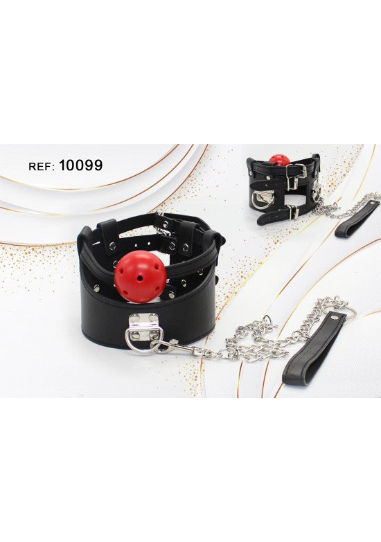 Collar BDSM negro con mordaza bola roja y cadena metálica plateada