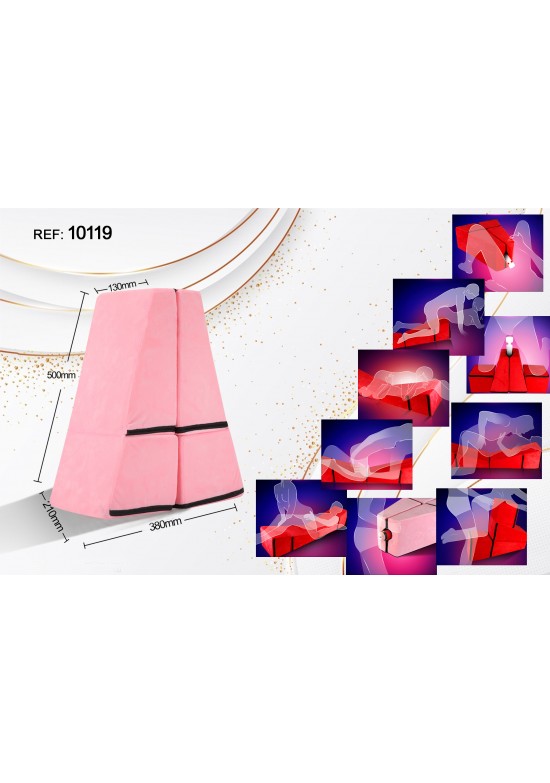 Cojín posicionador íntimo triangular rosa con ribetes negros y múltiples posiciones de uso