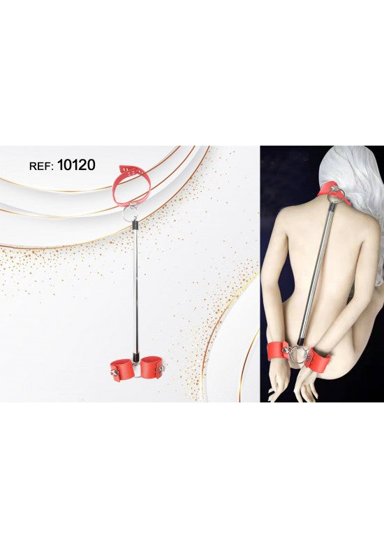 Barra separadora metálica roja con collar y esposas de cuero para BDSM