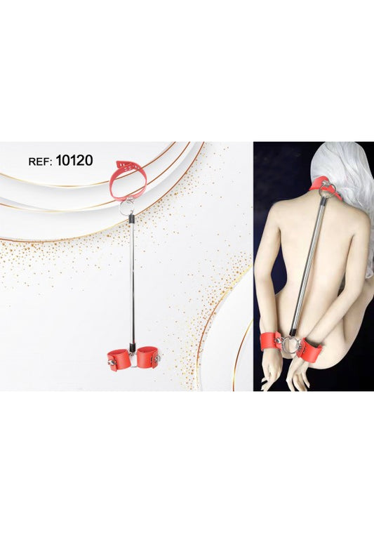Barra separadora metálica roja con collar y esposas de cuero para BDSM