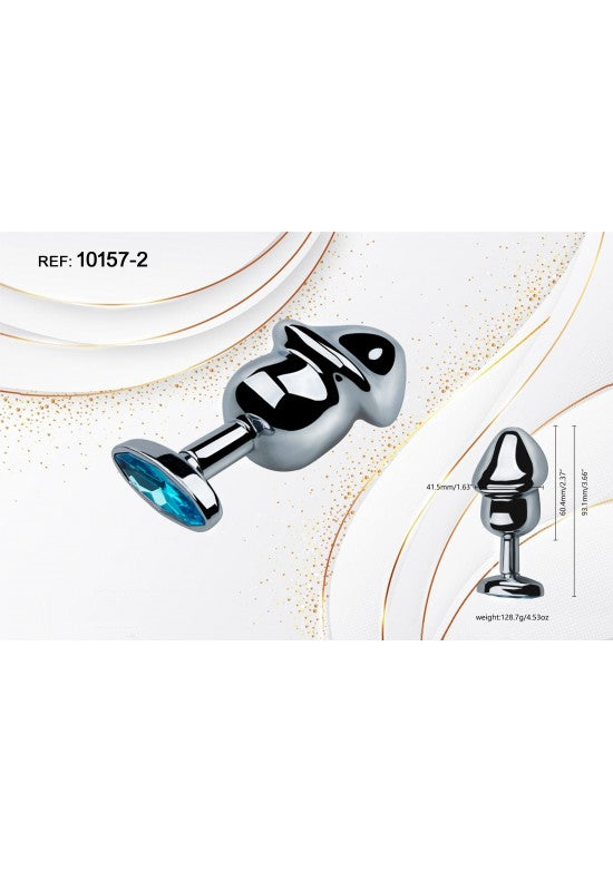 Plug anal metálico plateado talla M con base de joya facetada azul turquesa
