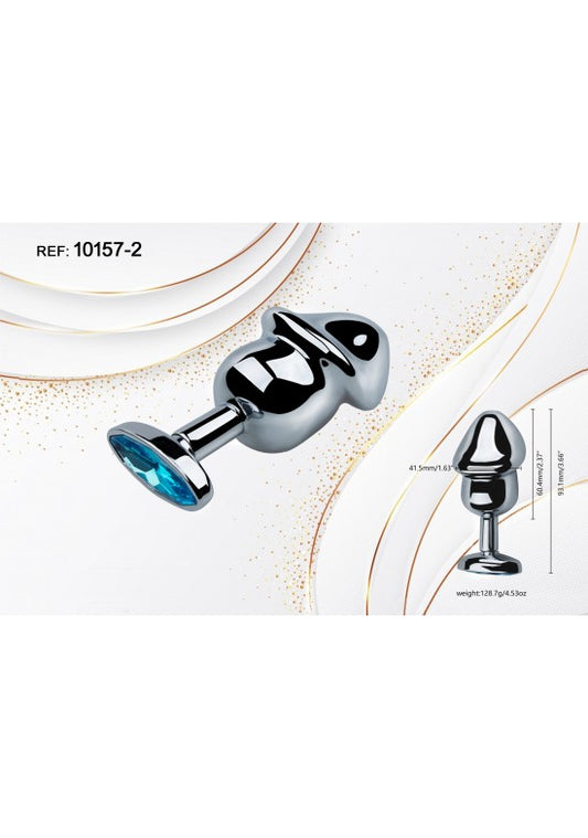 Plug anal metálico plateado talla M con base de joya facetada azul turquesa