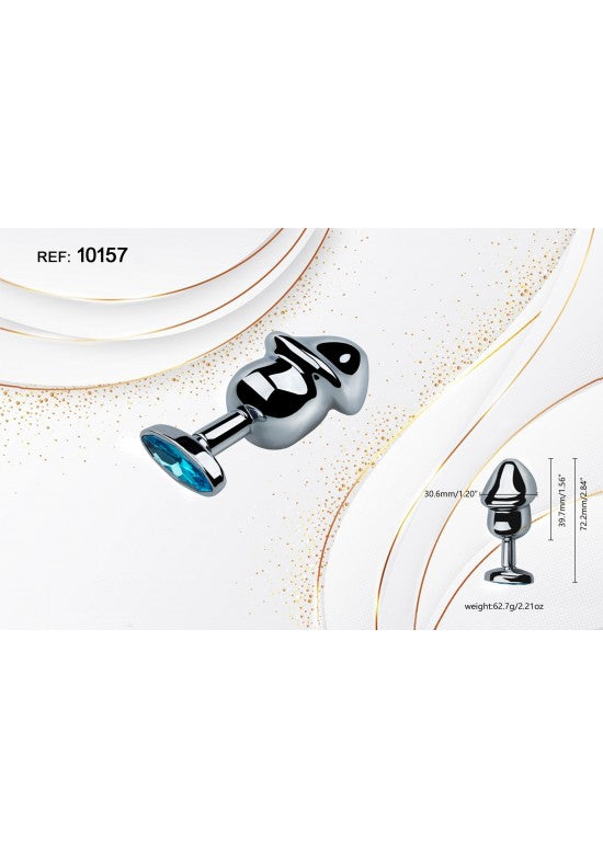 Plug anal metálico plateado con gema azul turquesa talla S sobre fondo blanco
