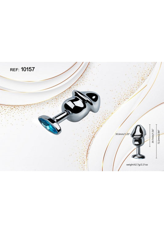 Plug anal metálico plateado con gema azul turquesa talla S sobre fondo blanco