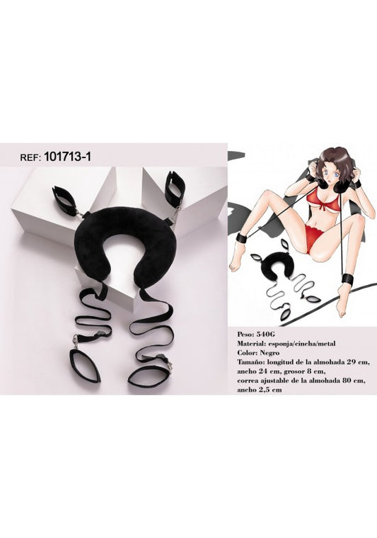 Kit bondage negro con almohada cervical en U, correas y esposas acolchadas