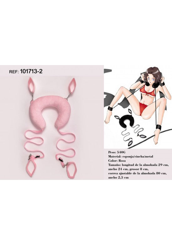 Set bondage rosa con cojín cervical en U, esposas de muñeca y tobillo y correas