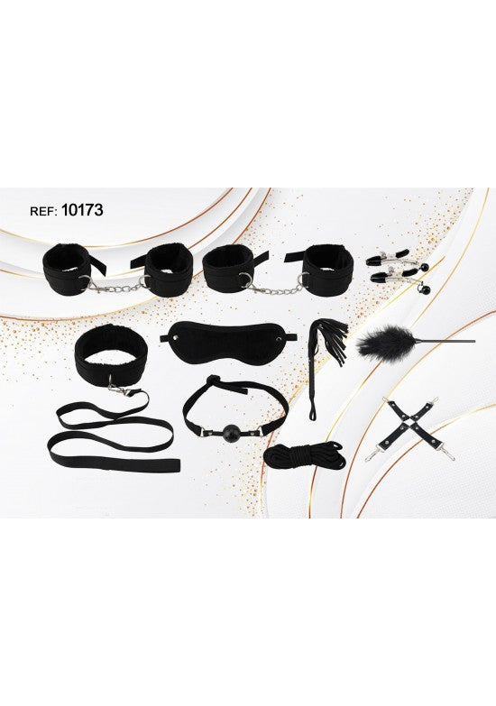 Kit BDSM 10 piezas en negro con esposas, antifaz, mordaza, pluma y fusta