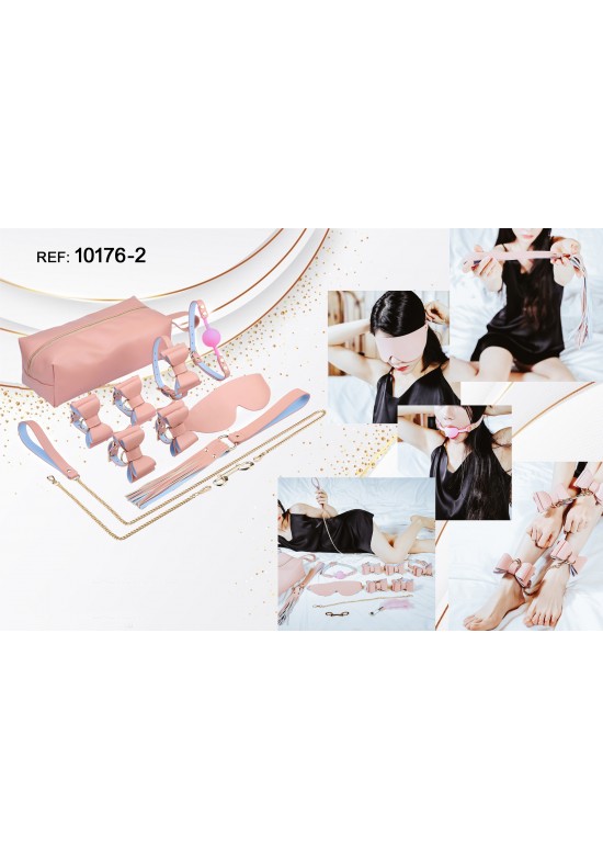 Kit BDSM 7 piezas en tonos rosa y azul pastel con bolsa de tela incluida