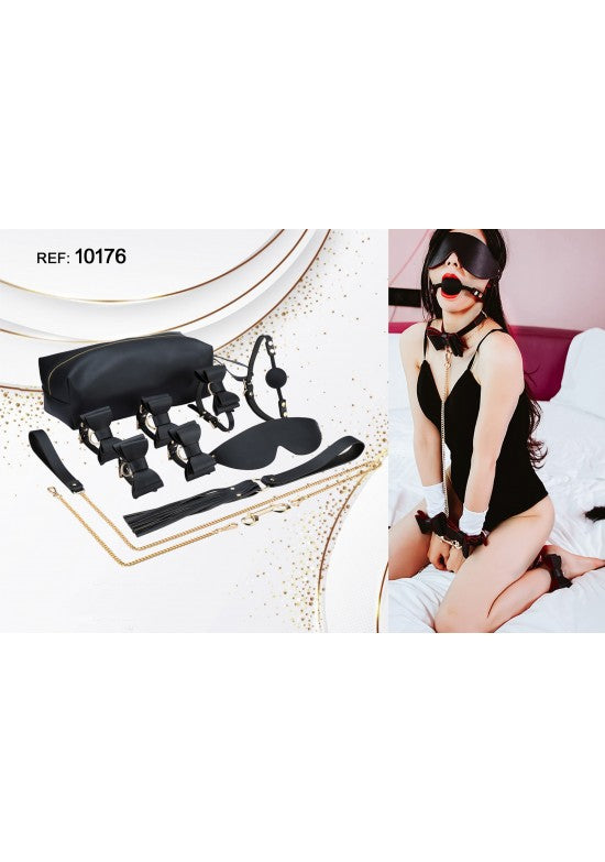 Kit BDSM 7 piezas en negro y dorado con bolsa de tela incluida