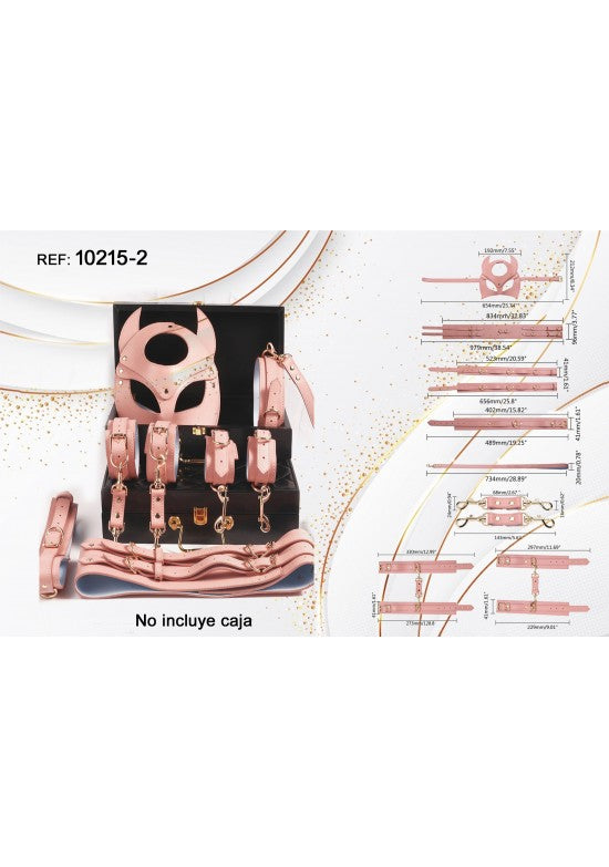Kit BDSM 7 piezas color rosa con herrajes dorados y máscara felina