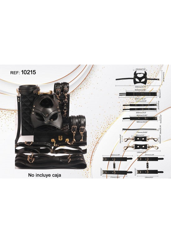 Kit BDSM 7 piezas color negro con herrajes dorados y máscara felina