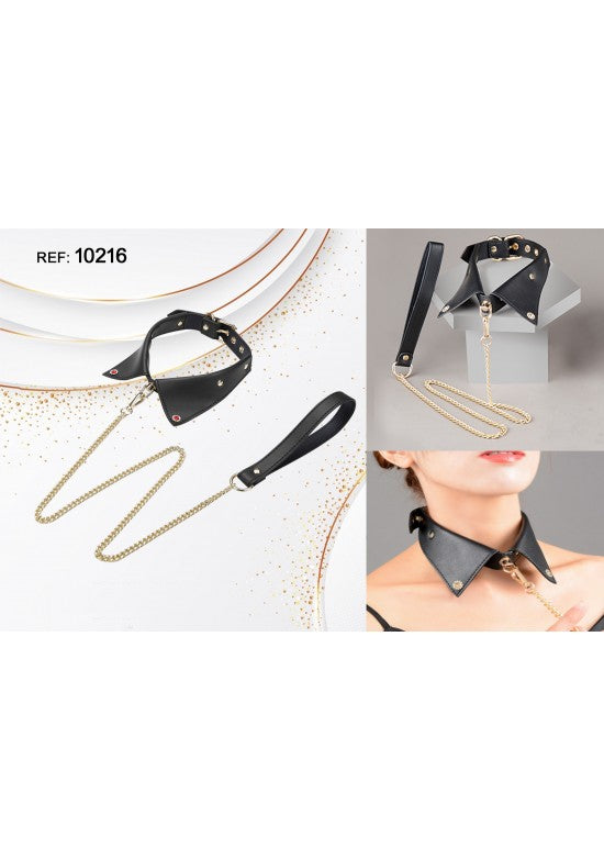 Collar negro de polipiel con cadena dorada para juego de rol adulto