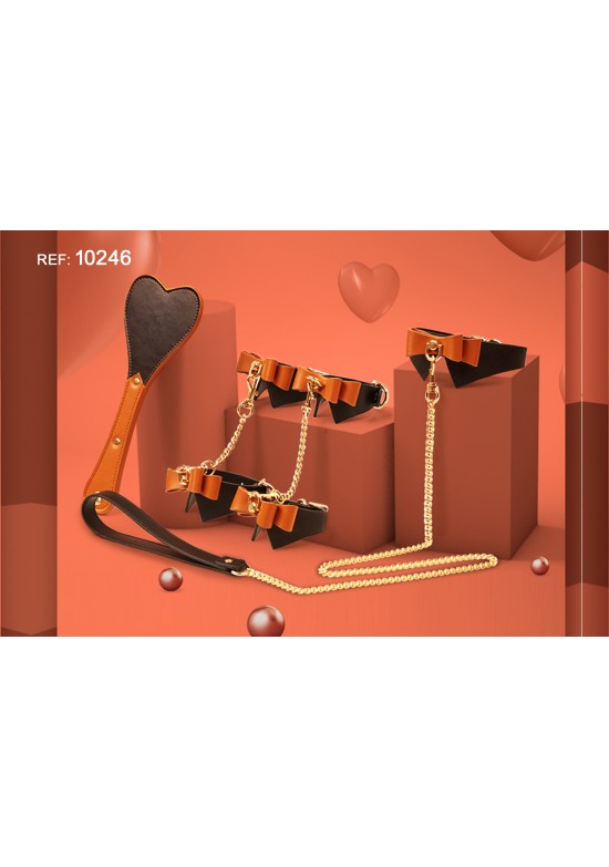 Set fetish 3 piezas naranja y negro con lazos y cadena dorada