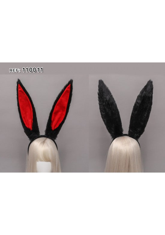 Diadema con orejas de conejo largas en pelo sintético negro con interior rojo satinado