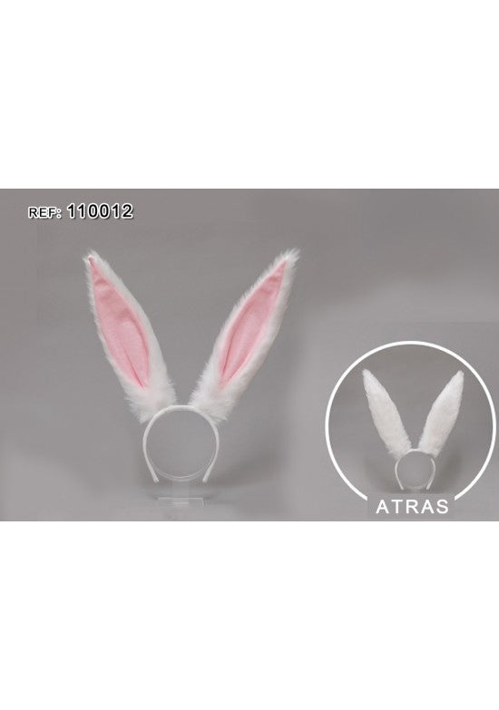 Diadema con orejas de conejo blancas y rosa sobre fondo gris