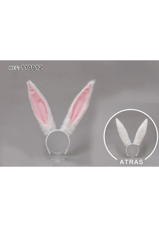 Diadema con orejas de conejo blancas y rosa sobre fondo gris