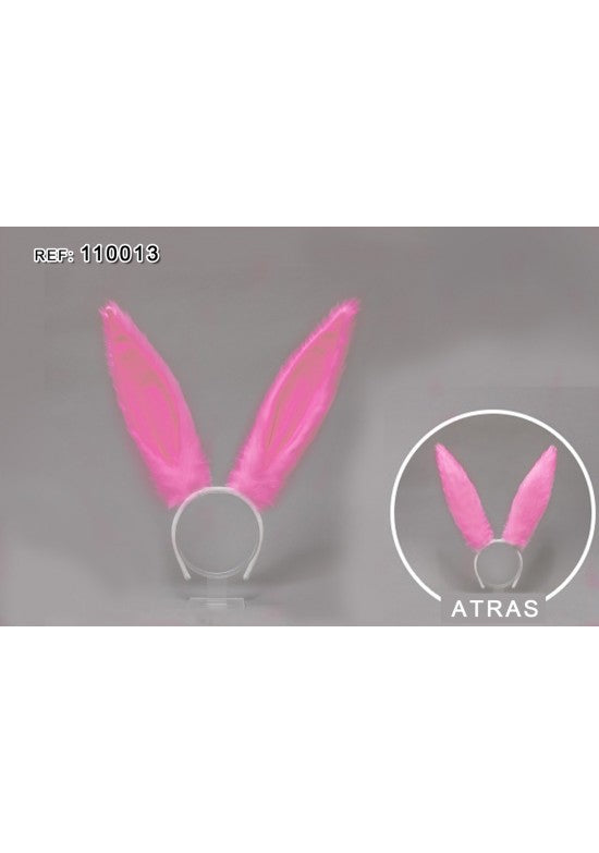Diadema con orejas de conejo largas en tejido satinado rosa sobre aro blanco