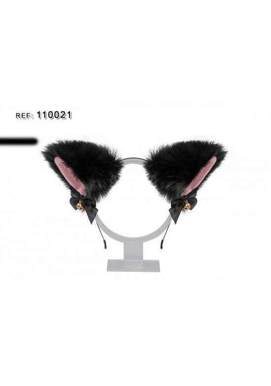 Diadema orejas de gato peluche negro con lazos negros y campanitas doradas