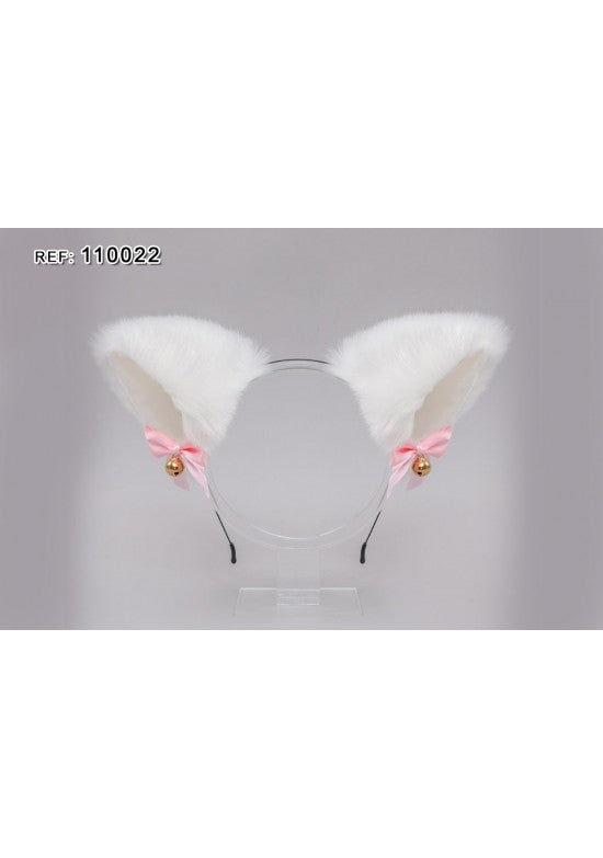 Diadema orejas de gato en peluche blanco con lazo rosa y campanas doradas