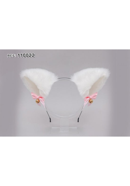Diadema orejas de gato en peluche blanco con lazo rosa y campanas doradas