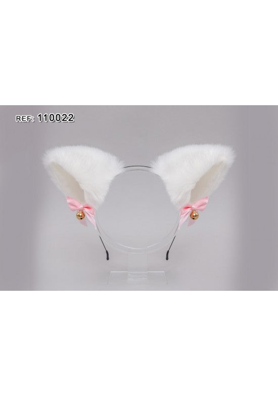 Diadema orejas de gato peluche blanco con lazo rosa y campanitas doradas