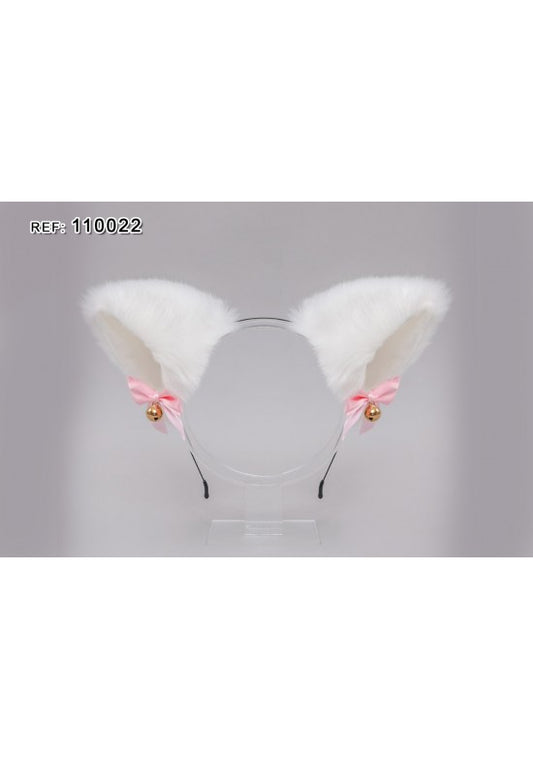Diadema orejas de gato peluche blanco con lazo rosa y campanitas doradas