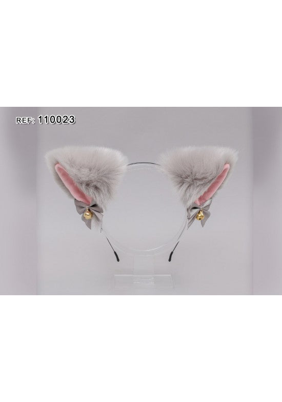 Diadema orejas de gato en peluche gris con lazo gris y campanas doradas