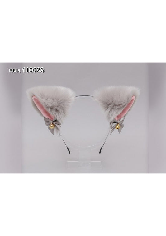 Diadema orejas de gato en peluche gris con lazo gris y campanas doradas